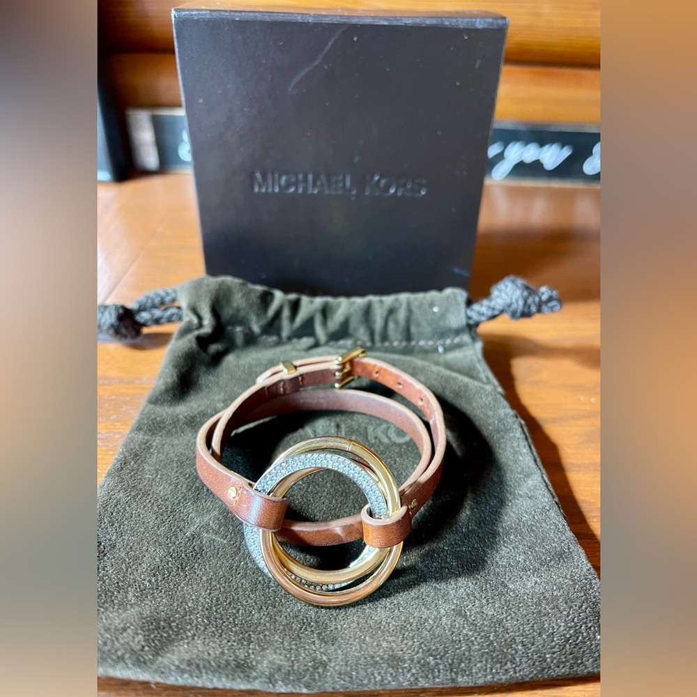 Michael Kors Gold and Crystal 3 Ring Brown Leather Wrap Bracelet
